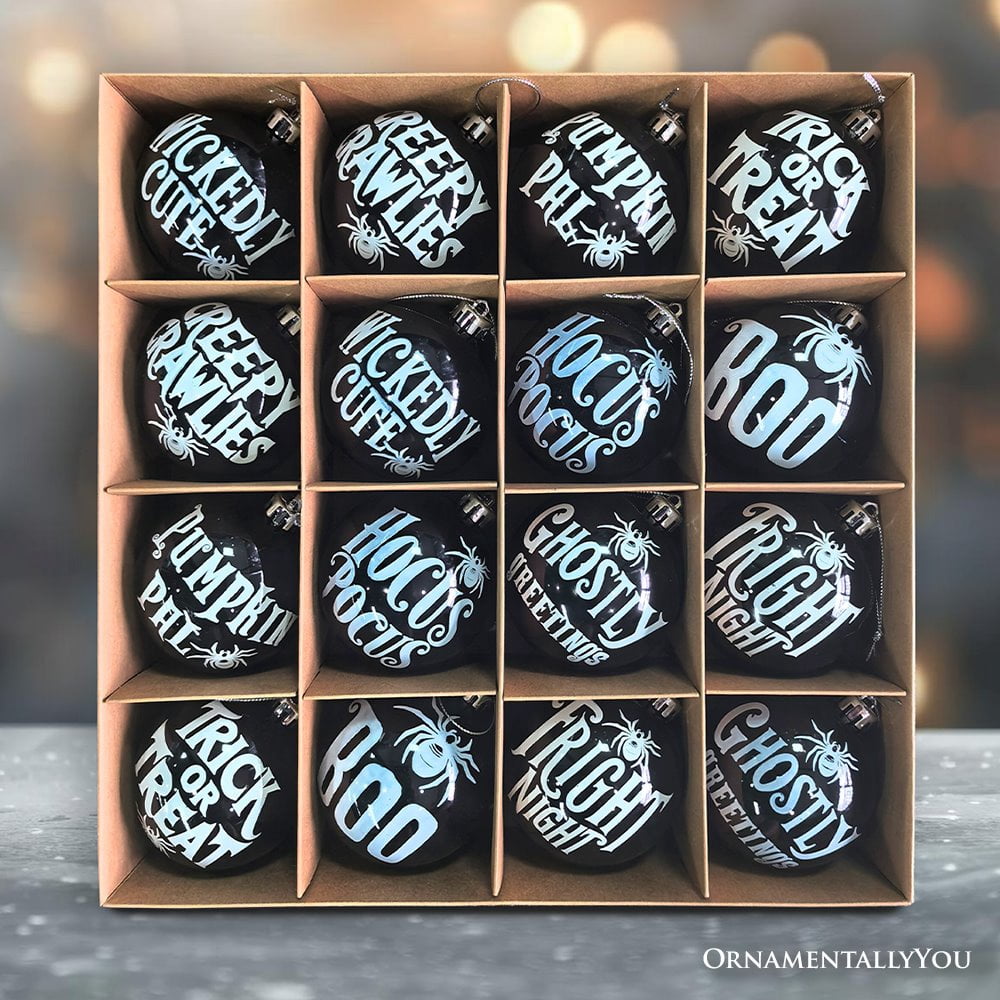 Haunt & Co Ghastly Quotes Ornament Bauble Set of 16, Halloween Tree 3" Black and White Round Ball Decor