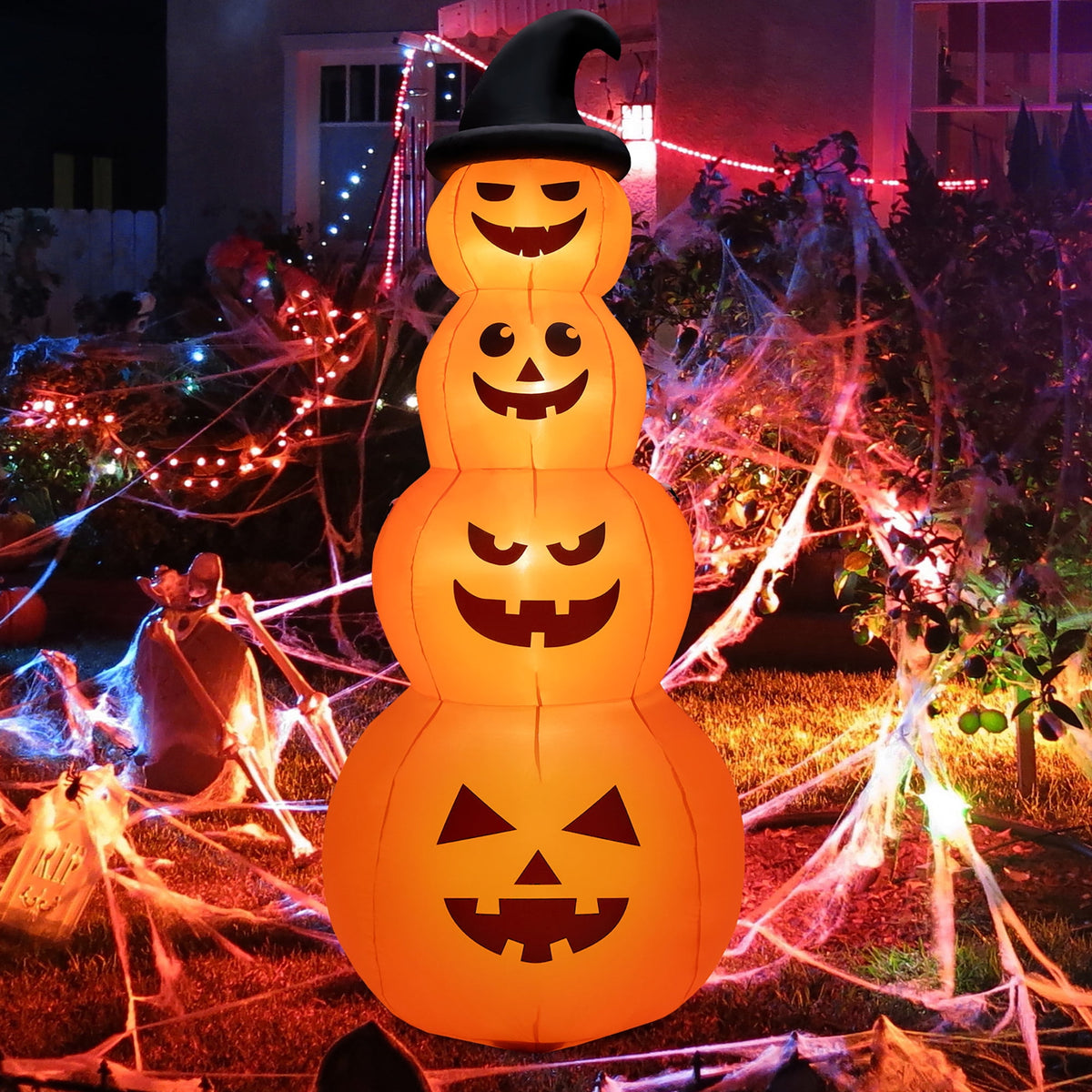 Haunt & Co Gymax 8 ft Inflatable Halloween Pumpkins Stack Holiday Decor w/ Built-in LED Lights