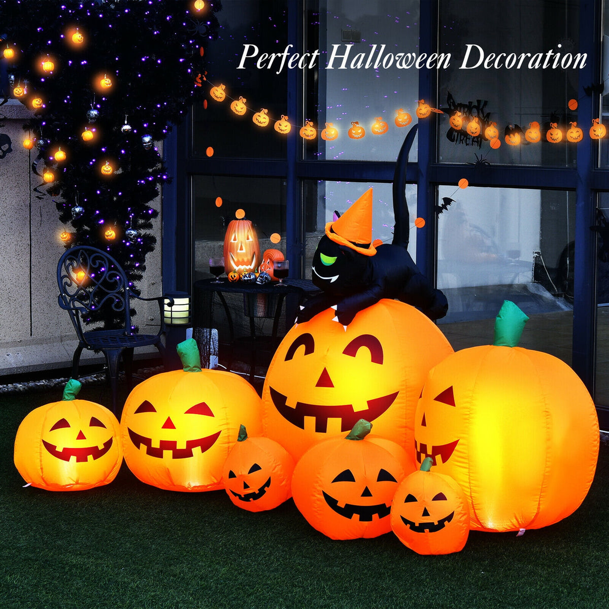 Haunt & Co Gymax Inflatable Pumpkin Combo 7.5ft Length w/ LED Lights
