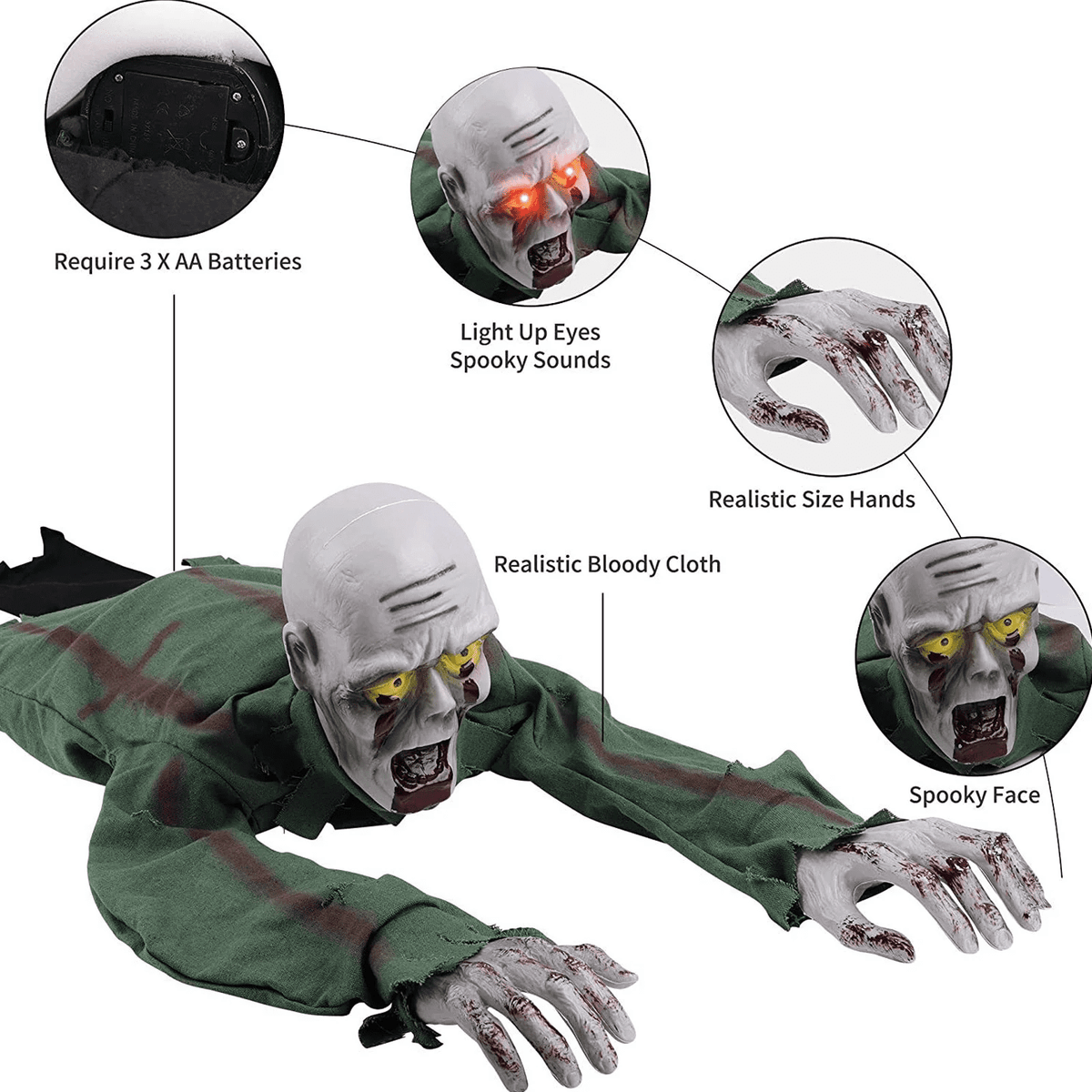 Haunt & Co Halloween Animated Decorations, Outdoor Crawling Zombie with Horror Sound & Glowing Eyes, Zombie Ground breaker Ghost for Graveyard, Lawn, Haunted House Prop Decor