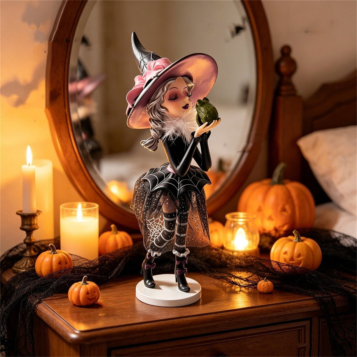 Haunt & Co Halloween Cute Witch Resin Figurine, Stable Base Vintage Mesh Skirt Tabletop Statue, Family Friendly Whimsical Holiday Ornament, Decor for Mantel Shelf Entryway Halloween Party Table