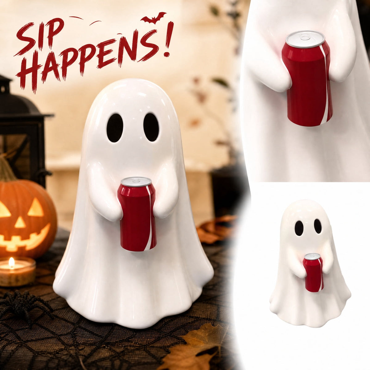 Haunt & Co Halloween Decor Cute Ghost Holding Soda Can Resin Figurine, Halloween Table Decor Spooky Ghost Desktop Ornament, Halloween Ornaments Funny Halloween Decorations for Indoor Home Party Shelf Display-A