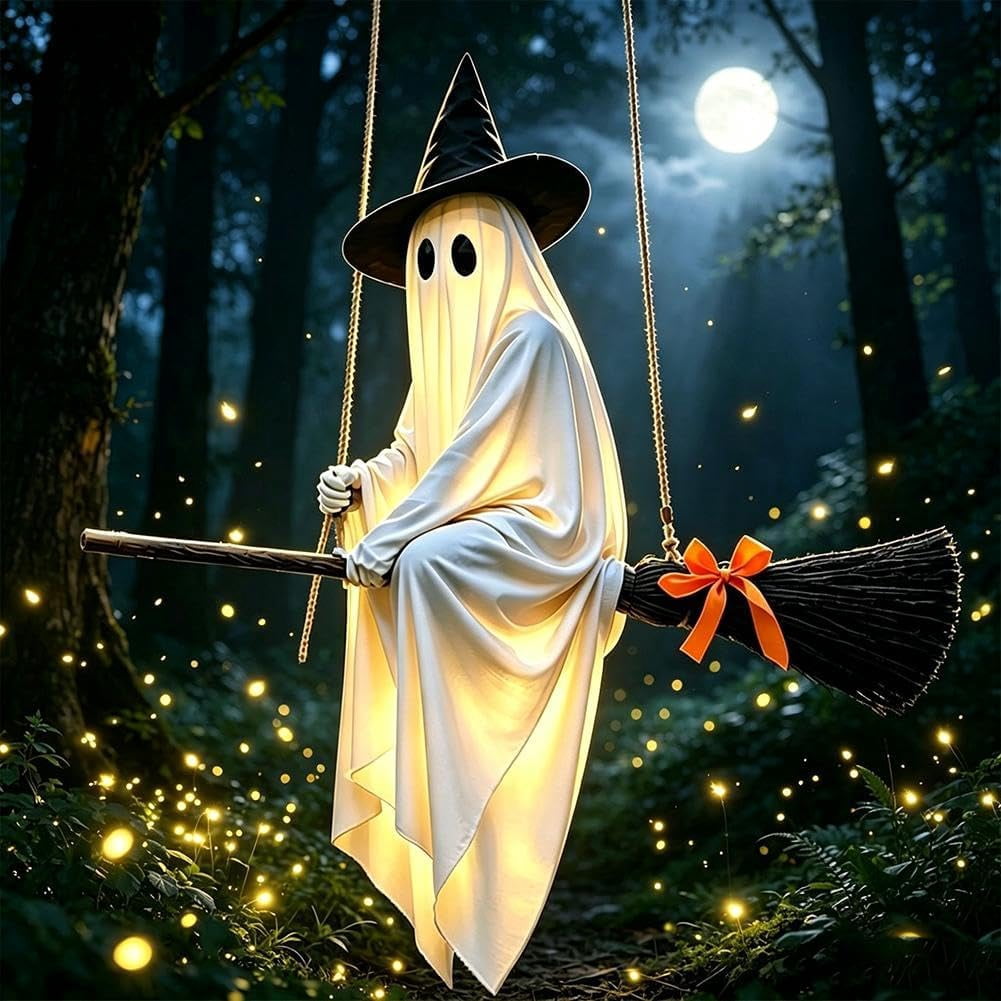 Haunt & Co Hanging Swing Ghost Halloween Ornament, 5FT Cute Spooky Ghost Decor, Outdoor Holiday Decoration for Yard Porch Tree, Ideal Halloween Gift for Family (lamp*1 remote control*1)