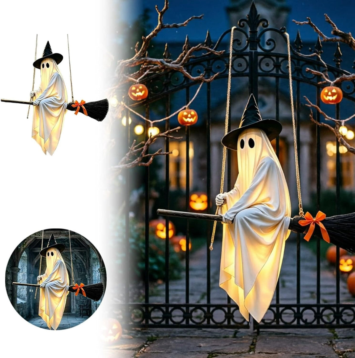 Haunt & Co Hanging Swing Ghost Halloween Ornament, 5FT Cute Spooky Ghost Decor, Outdoor Holiday Decoration for Yard Porch Tree, Ideal Halloween Gift for Family (lamp*1 remote control*1)