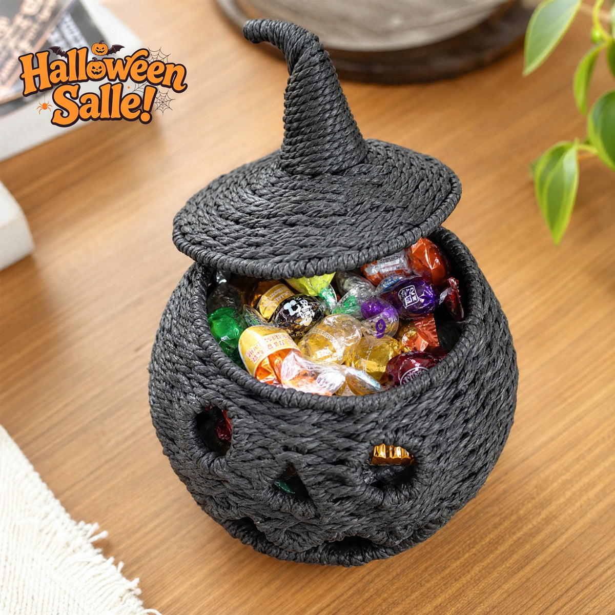 Haunt & Co Halloween Decorations Woven Pumpkin, Handwoven Pumpkin Basket with Witch Hat Lid, Rustic Wicker Pumpkins Trick or Treat Bucket for Candy Storage & Festival Display, Table Fireplace Farmhouse Decor