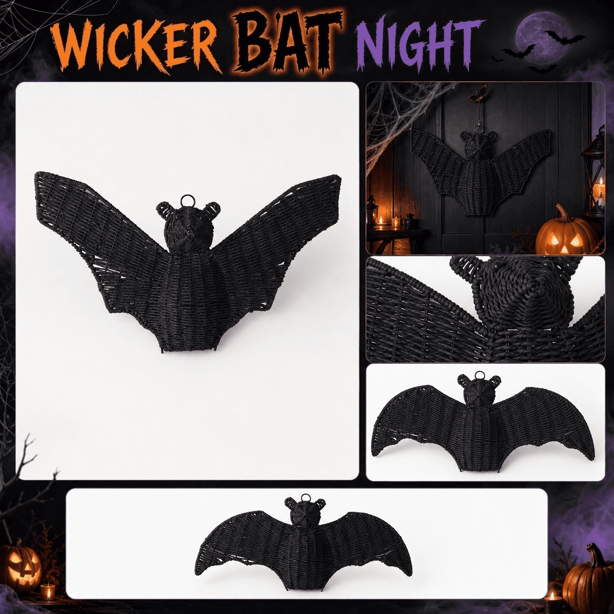 Haunt & Co Halloween Gift Wicker Bat Hanging Ornament, Spooky Woven Black Bat Wall Decor for Home Mantel Door Party Decoration