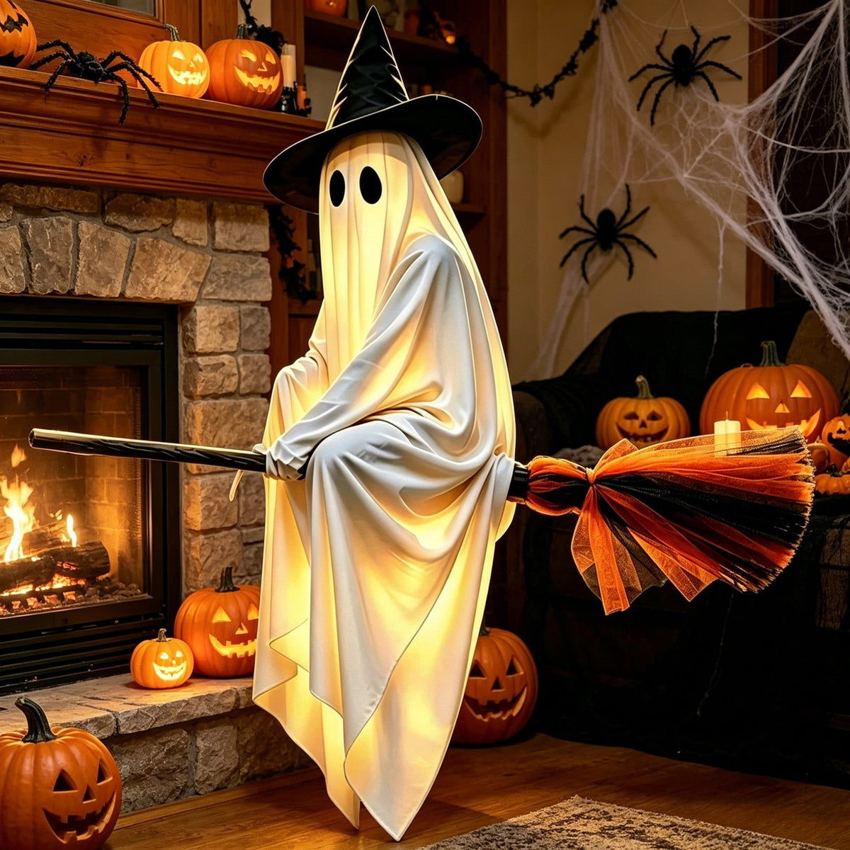 Haunt & Co Halloween Glowing Ornament with Lighted Witch Hat - Flying Hanging Decor for Home Porch Yard, Holiday Scene Prop for Halloween Celebration