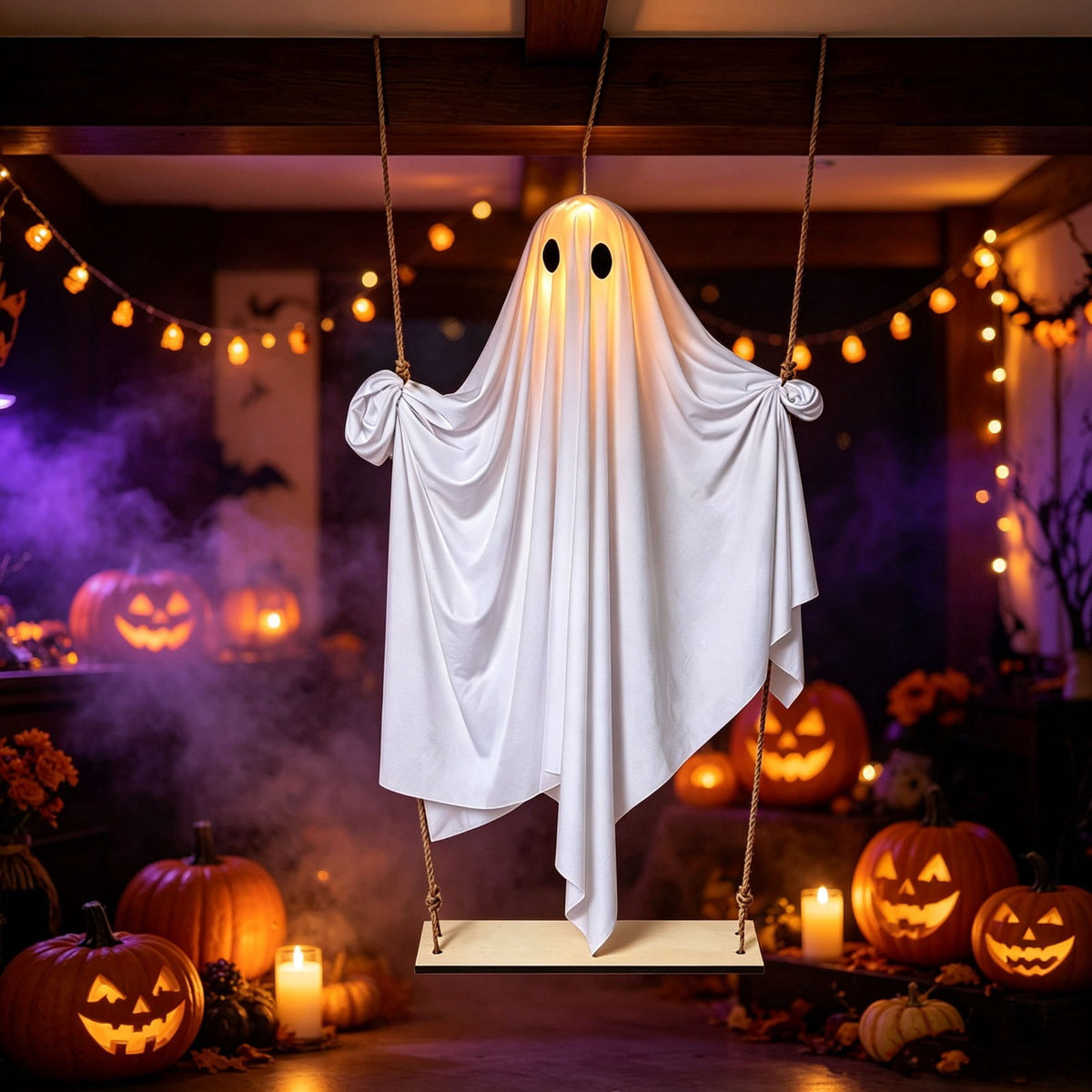 Haunt & Co Halloween Hanging Ghost Decor With Lights, Lighted White Ghost Ornament for Porch Tree Doorway Party Display, Spooky Fabric Hanging Decoration for Indoor Outdoor Holiday Scenes