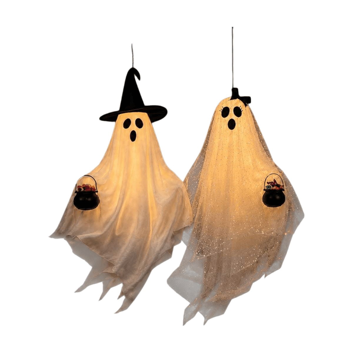 Haunt & Co Halloween Hanging Ghost Witch Hat Decorations 2 Pack Couple Ornaments, Outdoor Yard Garden Hanging Decor With Bow And Cauldron Accents, Front Porch Holiday Party Decoration