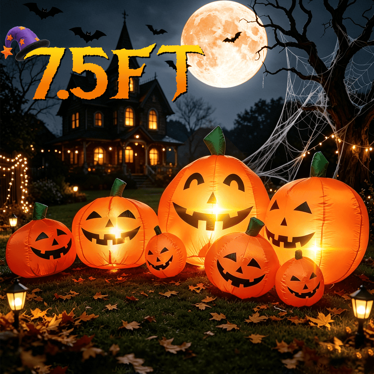 Haunt & Co 7.5 FT Long Halloween Inflatables Pumpkin Family Lighted,7 Pumpkins Blow Up Yard Decoration, Built-in LEDs, Stakes & Tethers Included