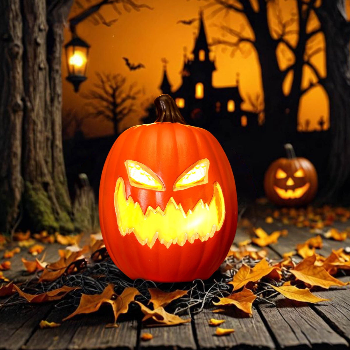 Haunt & Co Halloween LED Light Up Pumpkin Decorations for Home,12" Blow Molded Jack O Lantern with Realistic Carved Design,Battery Operated Indoor Outdoor Halloween Party Decor,Bar,Yard,Porch