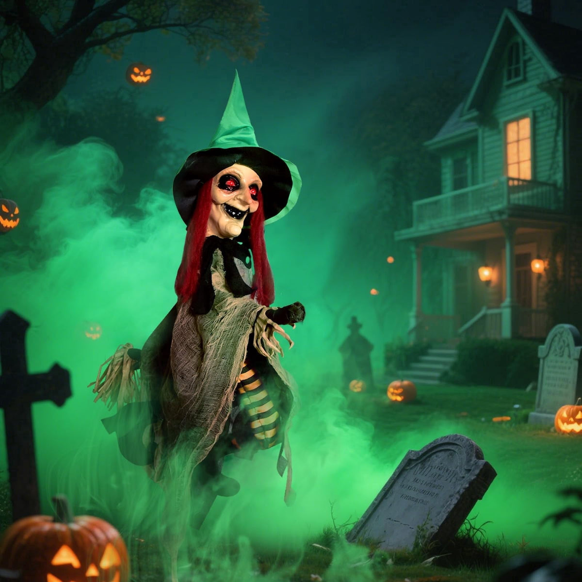 Haunt & Co Halloween LED Light-Up Flying Witch on Broomstick, Realistic Sound & Motion, Scary Animated Decoration with Kicking Legs