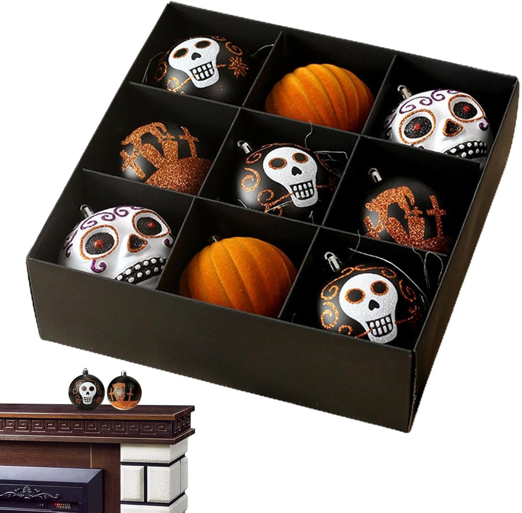 Haunt & Co Halloween Ornaments for Tree - 9 Pieces Spooky Gothic Hanging Pendant Balls, Shatterproof ABS Indoor Halloween Decorations for Hoe & Office Decorm