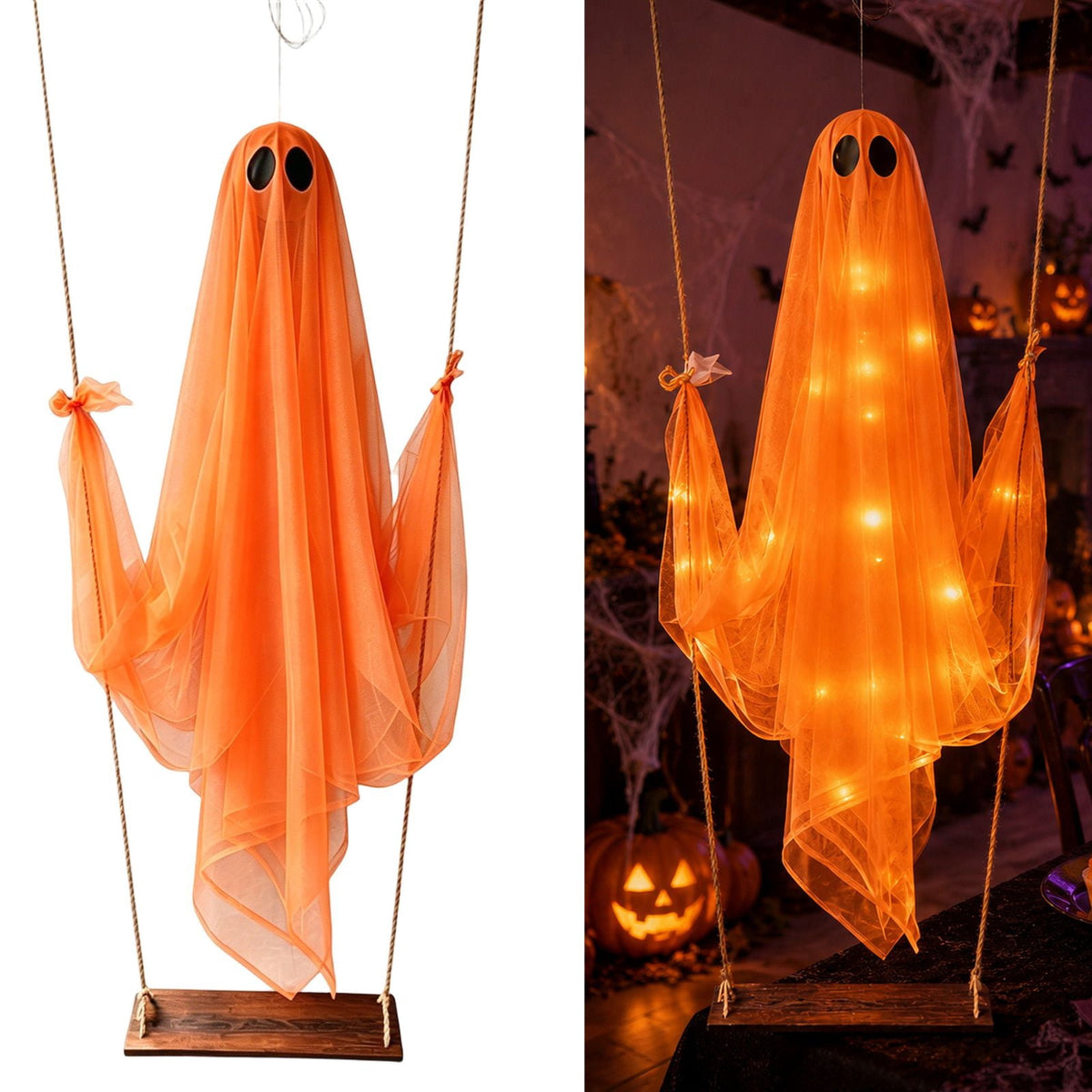 Haunt & Co Halloween Outdoor Hanging Ghost Halloween Hanging Ghost Decorations Battery Operated Swinging Ghost Prop Sheer Gauze Glowing Specter Swing Ornament for Yard Window Indoor Outdoor Display,Saffron