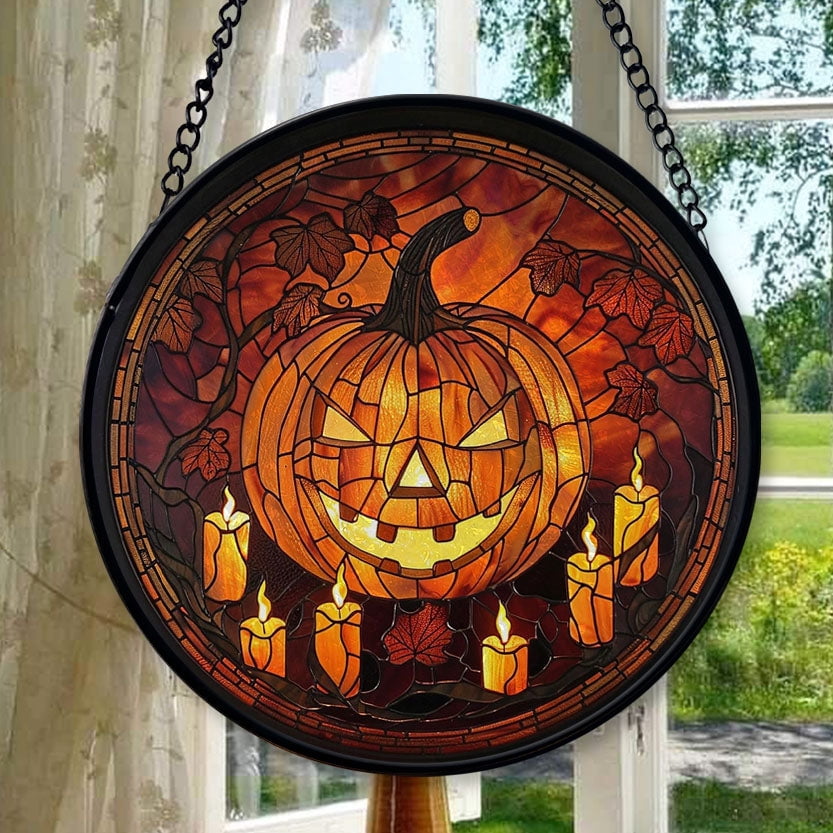 Haunt & Co Halloween Pumpkin Stained Glass Window Hanging Sun Catcher Halloween Haning Ornament Decoration Christmas Birthday Gifts for Lover and Friends, Stained Glass Ornament 2025