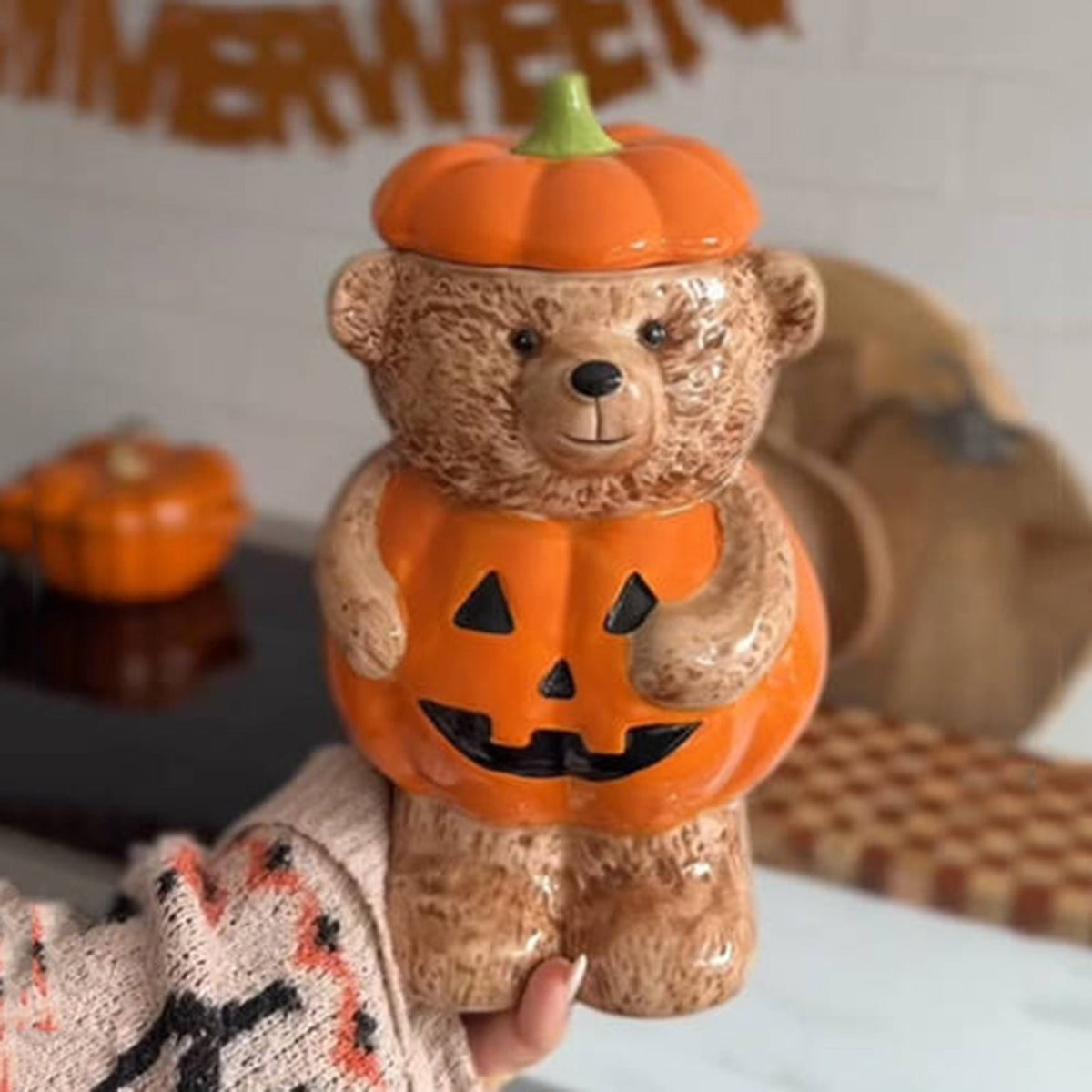 Haunt & Co Halloween Pumpkin Teddy Bear Candy Jar, Festive Snack Storage Container Decorative Resin Ornament, Cute Display Candy Holder for Kitchen Table Party Halloween Home Decoration Gift
