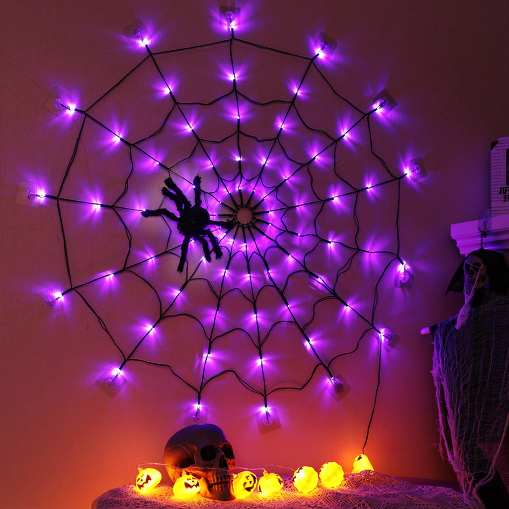 Haunt & Co Halloween Spider Web Light LED and a 5in Spider, 3.28ft Spider Web Light Decorations 70 LED Lighted, Indoor Outdoor House Yard Garden Scary Halloween Window Light, Battery Operated, Purple