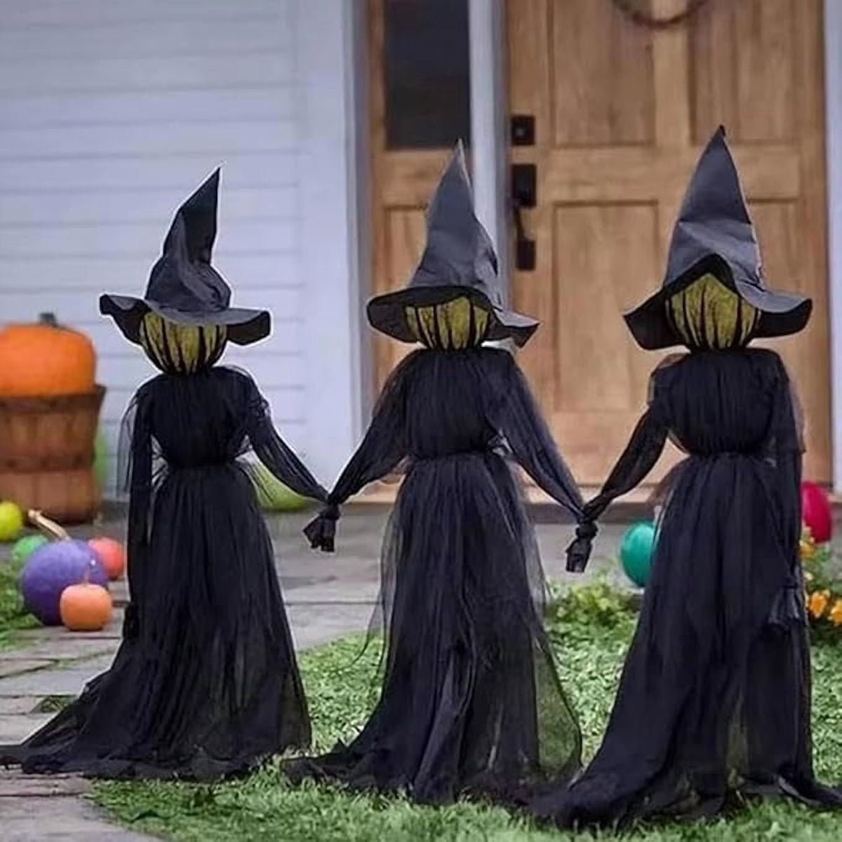 Haunt & Co Halloween Witch Decorations Outdoor, 59" Light Up Witches Holding Hands Witches with Stakes, Voice Control Screaming Life Size Witches Waterproof