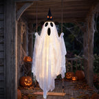 Haunt & Co Halloween Witch Hat Swinging Ghost Ornament, Flexible Anti Deform Structure Quick Mount Soft Cute Appearance, Fabric Ghost Pendant, Hanging Decor for Porch Indoor Holiday Party Space