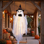 Haunt & Co Halloween Witch Hat Swinging Ghost Ornament, Flexible Anti Deform Structure Quick Mount Soft Cute Appearance, Fabric Ghost Pendant, Hanging Decor for Porch Indoor Holiday Party Space