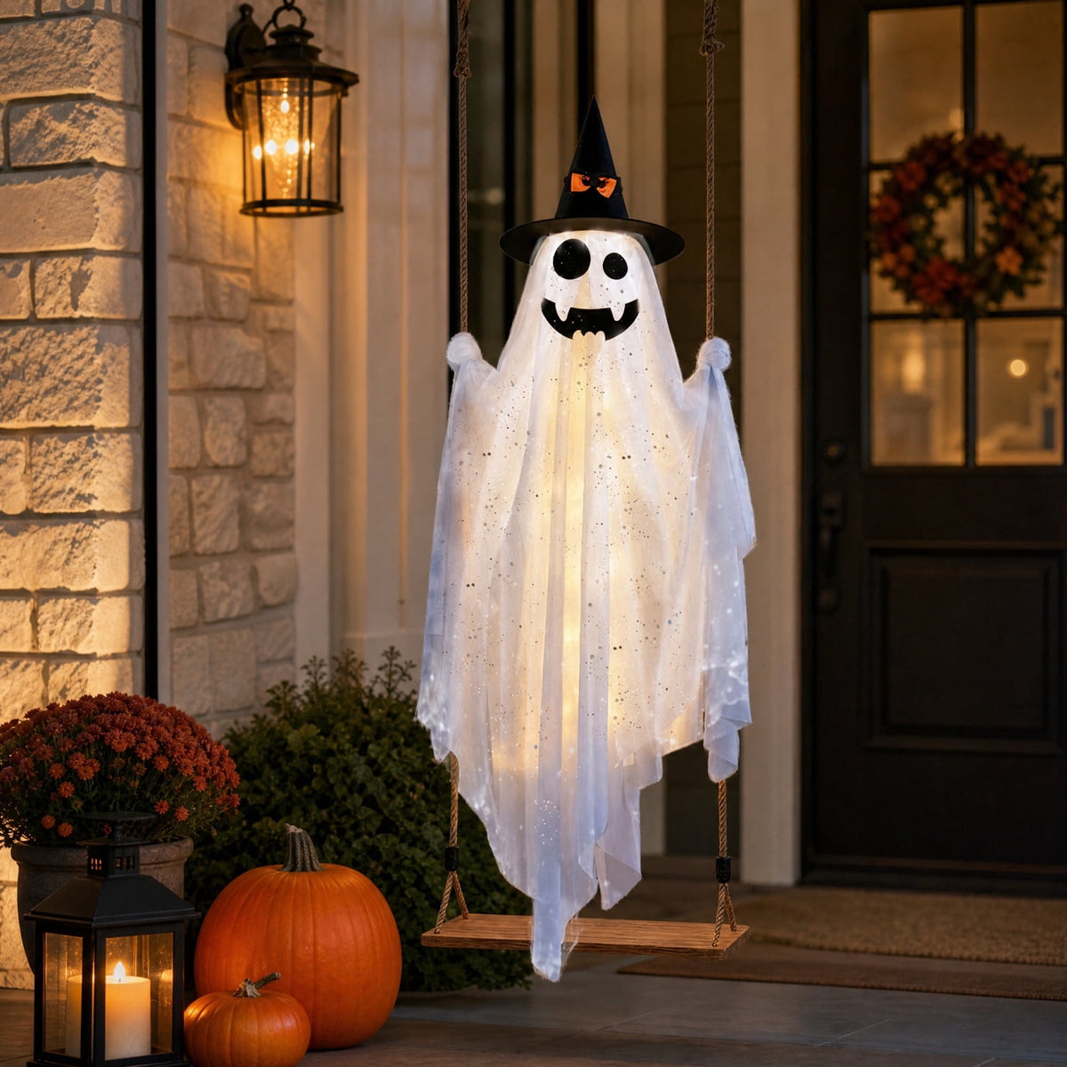 Haunt & Co Halloween Witch Hat Swinging Ghost Ornament, Flexible Anti Deform Structure Quick Mount Soft Cute Appearance, Fabric Ghost Pendant, Hanging Decor for Porch Indoor Holiday Party Space