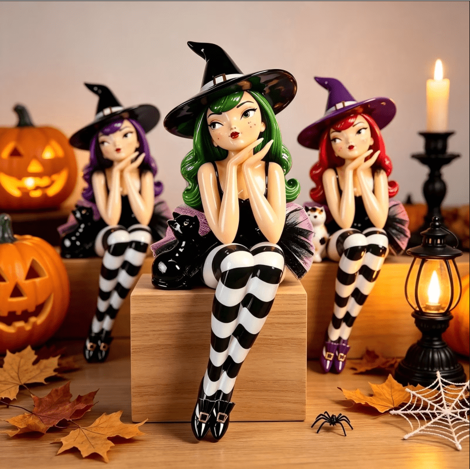 Haunt & Co Halloween Witch Shelf Sitter Figurine Set,3 Pc Gothic Witch Girl Statue With Cat Companion,Witchy Home Decor,Cute Spooky Edge Sitting Witch Decor,Whimsical Tabletop Ornament For Mantel Shelf Office