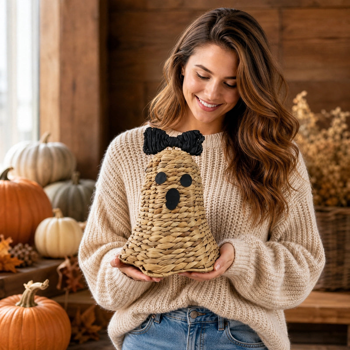 Haunt & Co Halloween Woven Ghost Figurine Water Hyacinth Straw Ornament Black Bow Tabletop Decor Cute Spooky Holiday Decoration For Mantel Shelf Home Cottage Fall Gift
