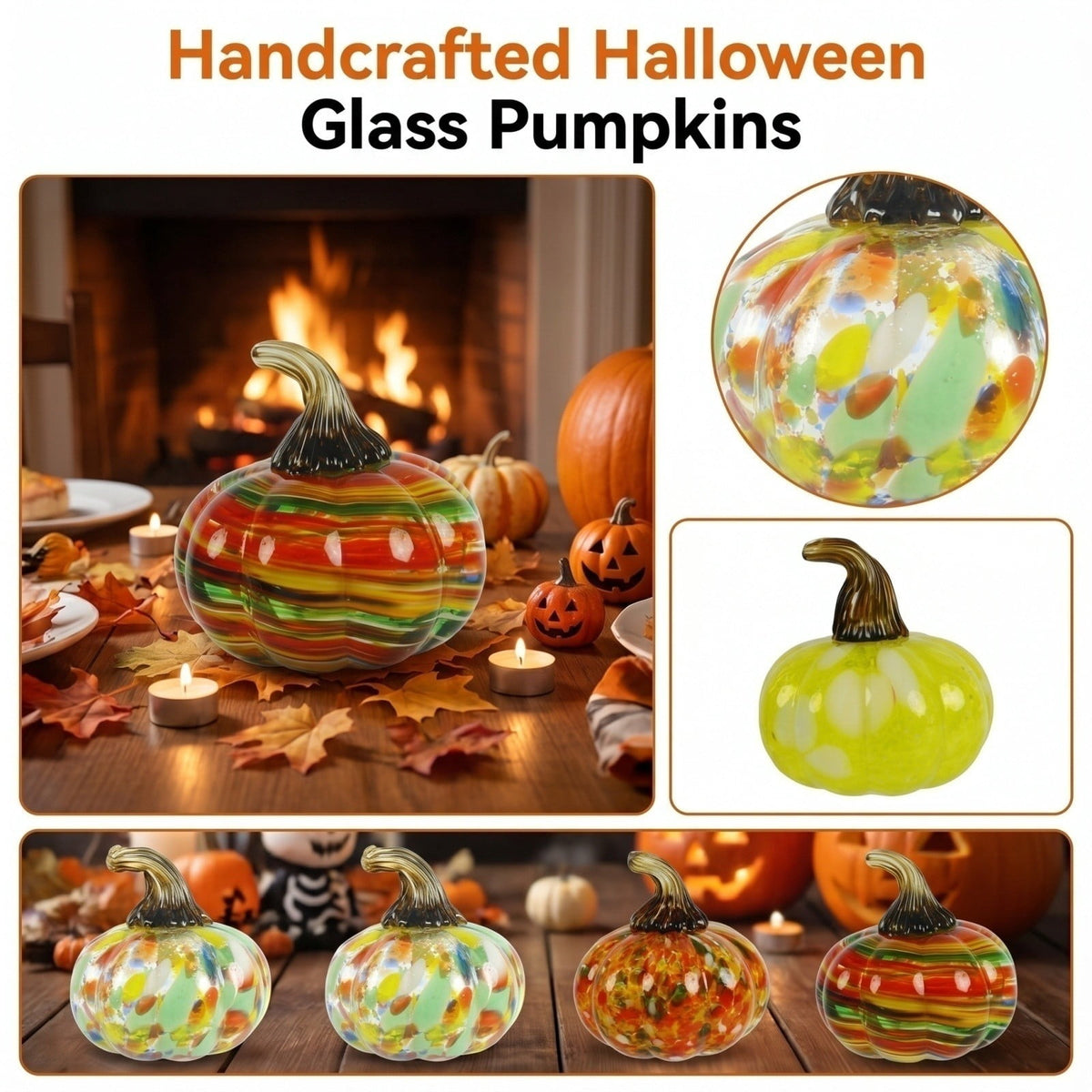 Haunt & Co Hand Blown Glass Pumpkin Figurines Halloween Decorations - Colorful Halloween Pumpkin Ornaments with Unique Swirl Patterns, Festive Tabletop & Tree Hanging Decoration