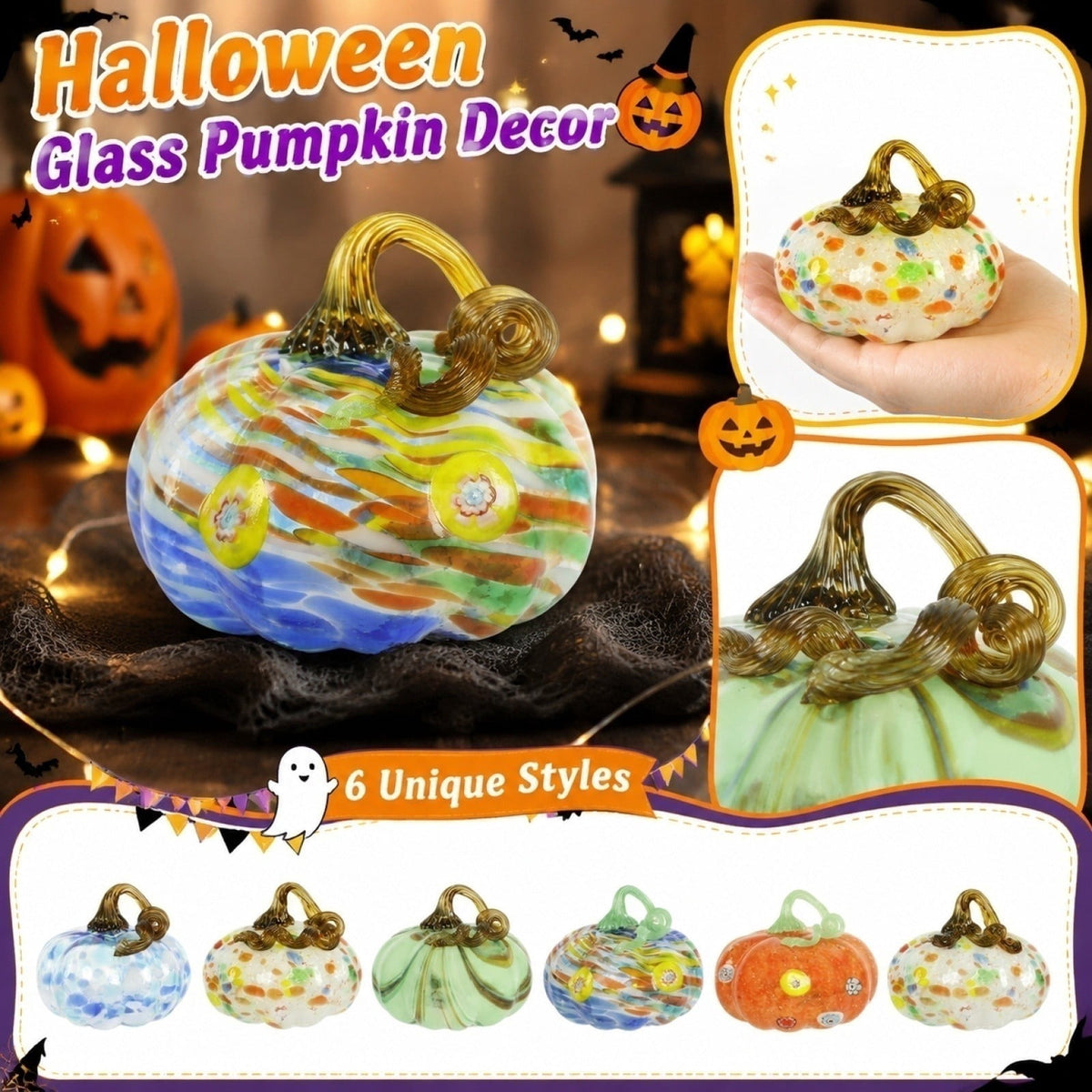 Haunt & Co Hand Blown Glass Pumpkin Figurines Halloween Decorations - Colorful Halloween Pumpkin Ornaments with Unique Swirl Patterns, Festive Tabletop & Tree Hanging Decoration