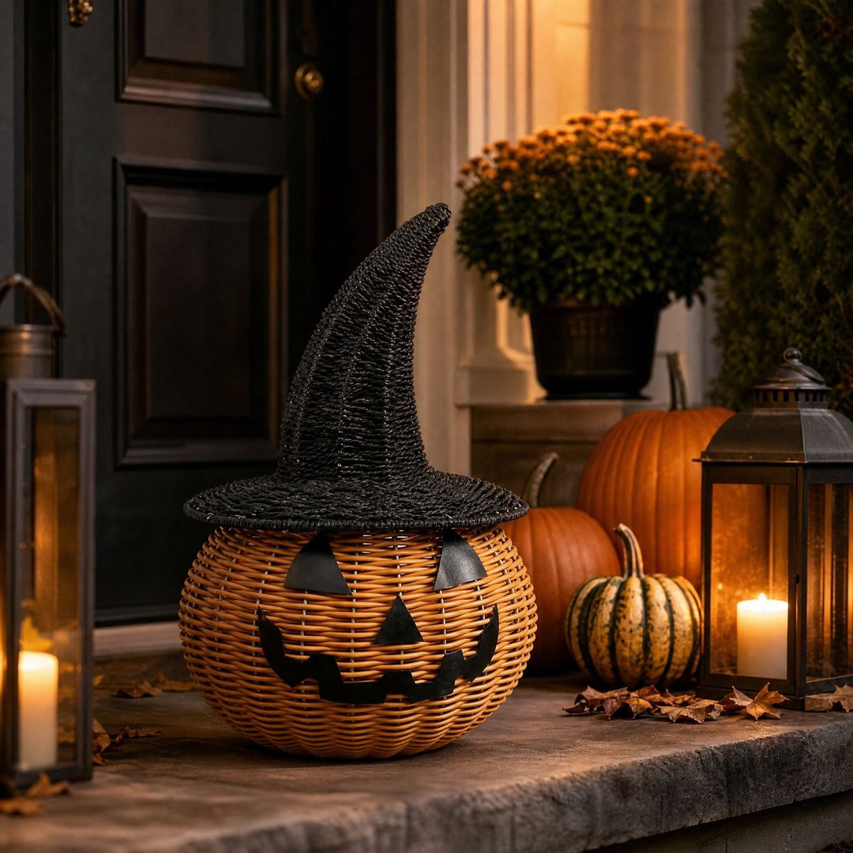 Haunt & Co Hand-Woven Pumpkin Witch Hat Halloween Decor, Natural Textured Freestanding Ornament, Weather Resistant Multipurpose Holiday Accessory, Seasonal Display for Front Door Porch Tabletop Entryway