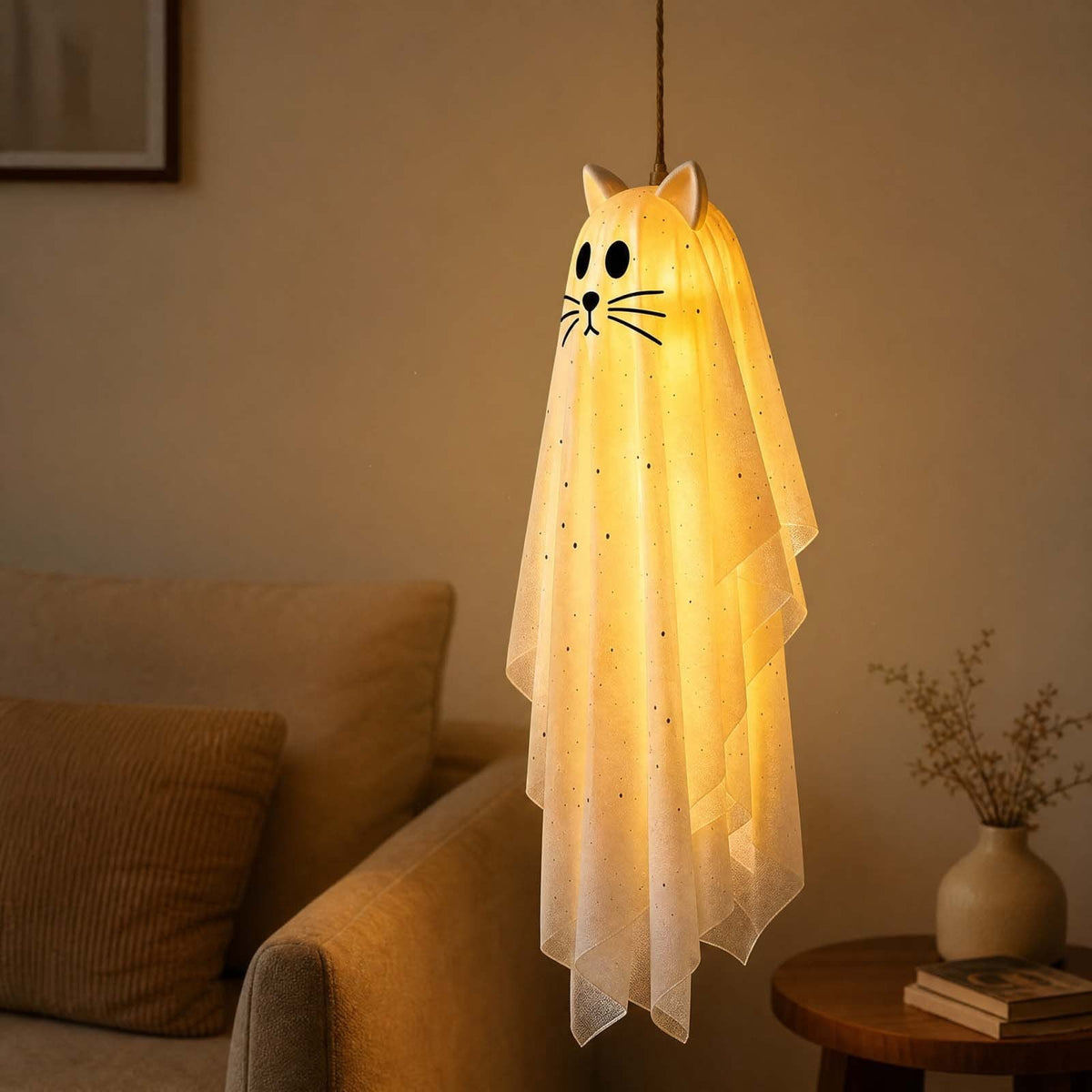 Haunt & Co Hanging Ghost Decorations, 3 Pack Light Up Cat Ghost Ornaments with Warm LED Lights Glitter Fabric Floating Design, Cute Spooky Halloween Decor for Porch Tree Yard Indoor Outdoor