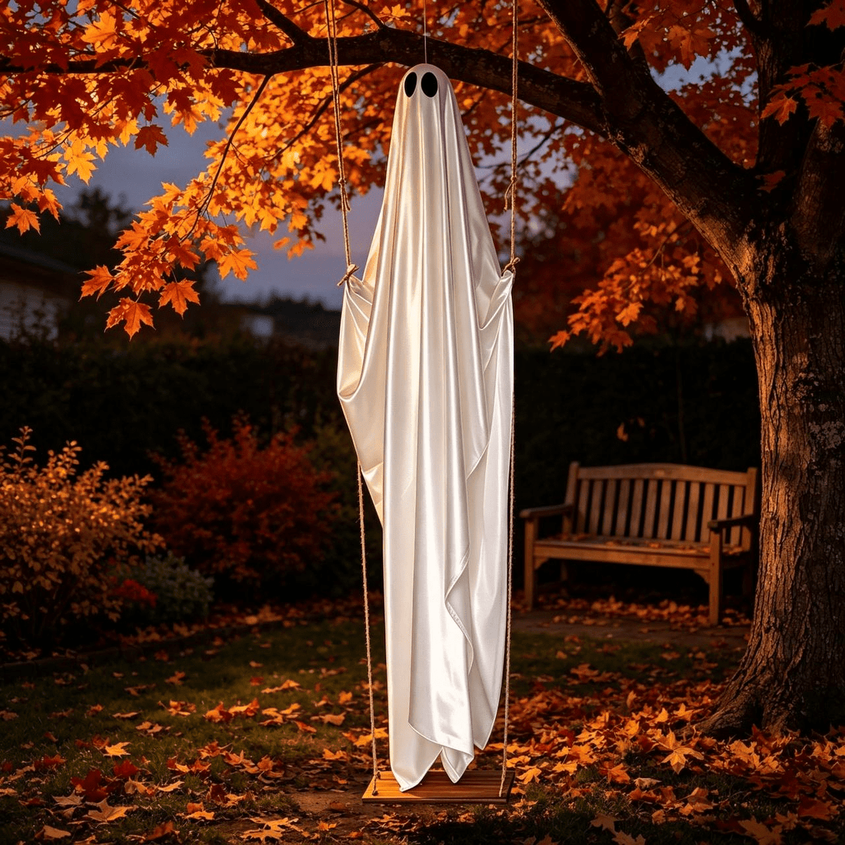 Haunt & Co Hanging Swing Ghost Halloween Ornament, 5FT Cute Spooky Ghost Decor, Outdoor Holiday Decoration for Yard Porch Tree, Ideal Halloween Gift for Family (lamp*1 remote control*1)