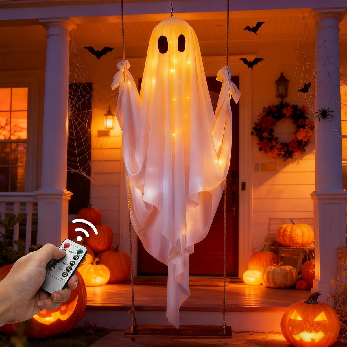 Haunt & Co Hanging Swing Ghost Halloween Ornament, 5FT Cute Spooky Ghost Decor, Outdoor Holiday Decoration for Yard Porch Tree, Ideal Halloween Gift for Family (lamp*1 remote control*1)