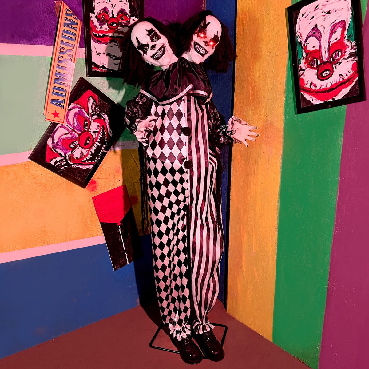 Haunt & Co Lifesize 5.5 ft Animatronic Two-Headed Clown with Lights and Sound, Indoor/Outdoor