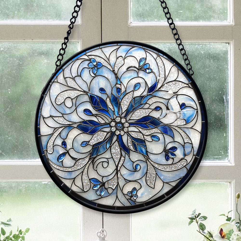 Haunt & Co Holiday Gift - Christmas Snowflake Halloween Round Xmas Stained Glass Hanging Ornament - Classic Christmas Tree Decoration, Great Holiday Gift for Dad, Mom, Family & Friends