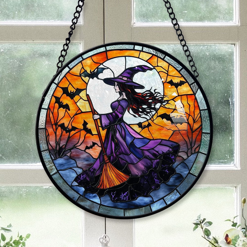 Haunt & Co Holiday Gift - Witch Halloween Witchyations Spooky Xmas Stained Glass Hanging Ornament - Festive Holiday Tree Decoration, Meaningful Christmas Gift for Mom, Dad, Family, Friends