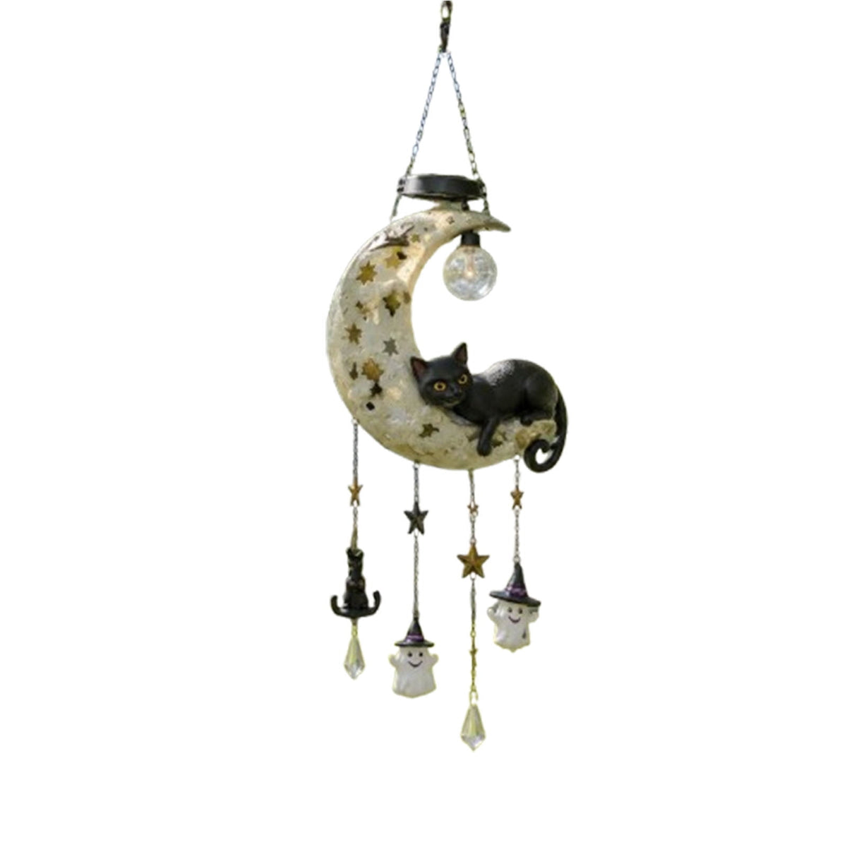 Haunt & Co Homellea Crescent Moon Black Cat Solar Hanging Light, Halloween Resin Ornament with Ghost, Star and Crystal Look Drops for Tree, Porch, Patio, Garden, Balcony and Seasonal Outdoor Display
