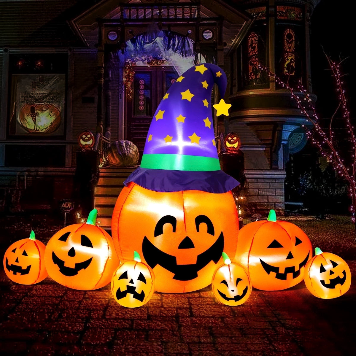 Haunt & Co 8.7ft Halloween Inflatables Pumpkins 7 Blow Up Decor with Witches Hat, Built-in LED Lights
