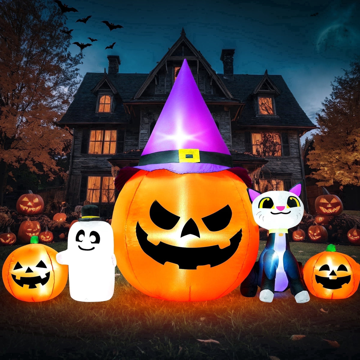 Haunt & Co 8ft Halloween Inflatable Pumpkins Outdoor Decor with Black Cat and Spectre,Built-in LED Lights