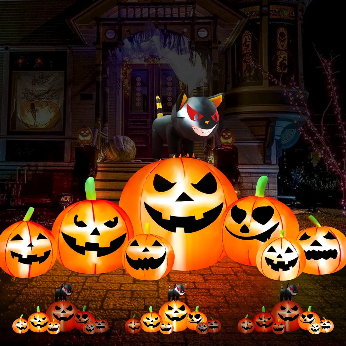 Haunt & Co 8.7ft Halloween Inflatables Pumpkins 7 Blow Up Decor with Witches Hat, Built-in LED Lights