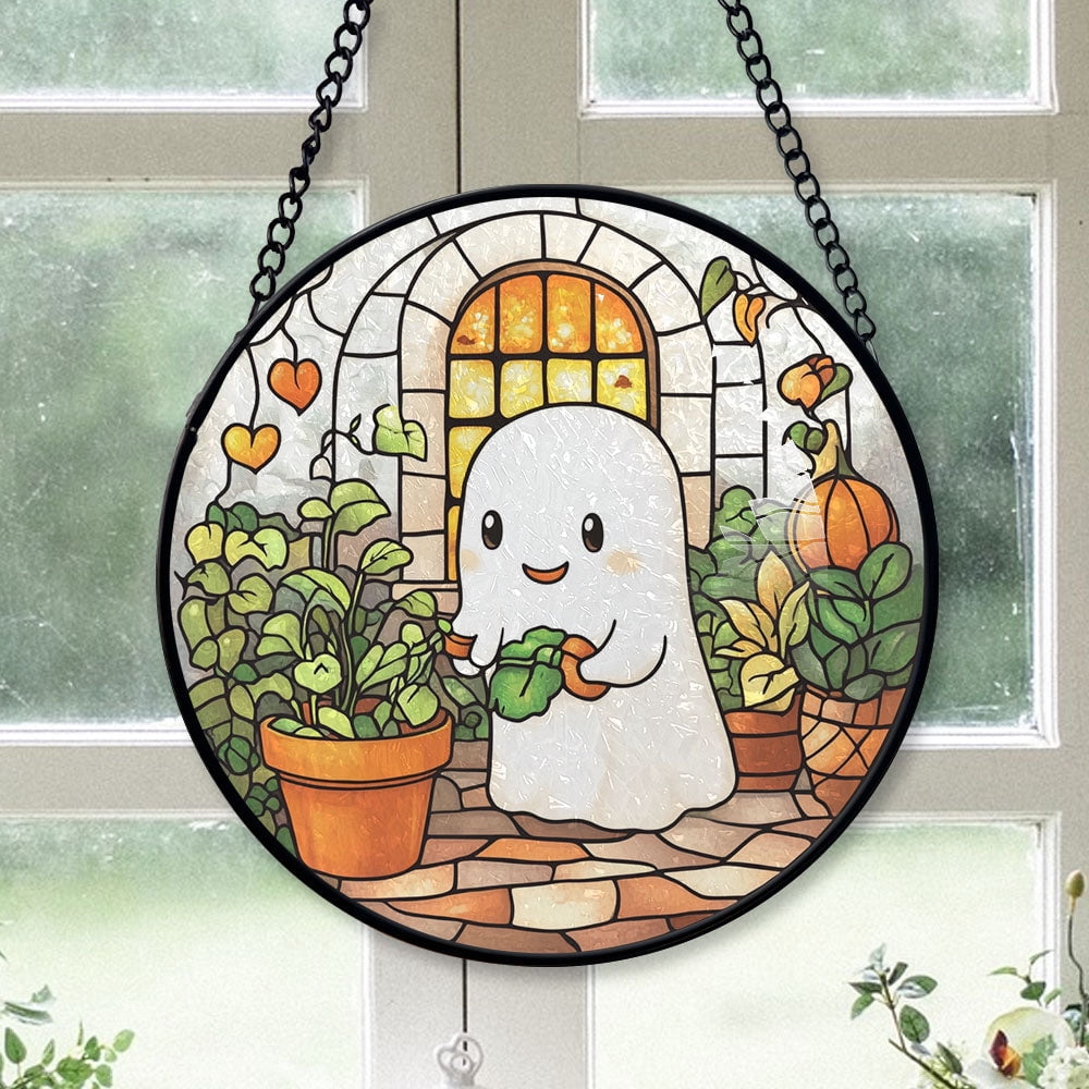 Haunt & Co Inspirational Christmas Gift - Cute Ghost Reading Book Halloween Ghost Fall Hosting Stained Glass Hanging Ornament - Sparkling Christmas Tree Decoration, Holiday Gift for Family & Friends
