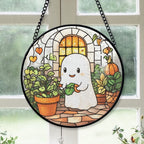 Haunt & Co Inspirational Christmas Gift - Cute Ghost Reading Book Halloween Ghost Fall Hosting Stained Glass Hanging Ornament - Sparkling Christmas Tree Decoration, Holiday Gift for Family & Friends