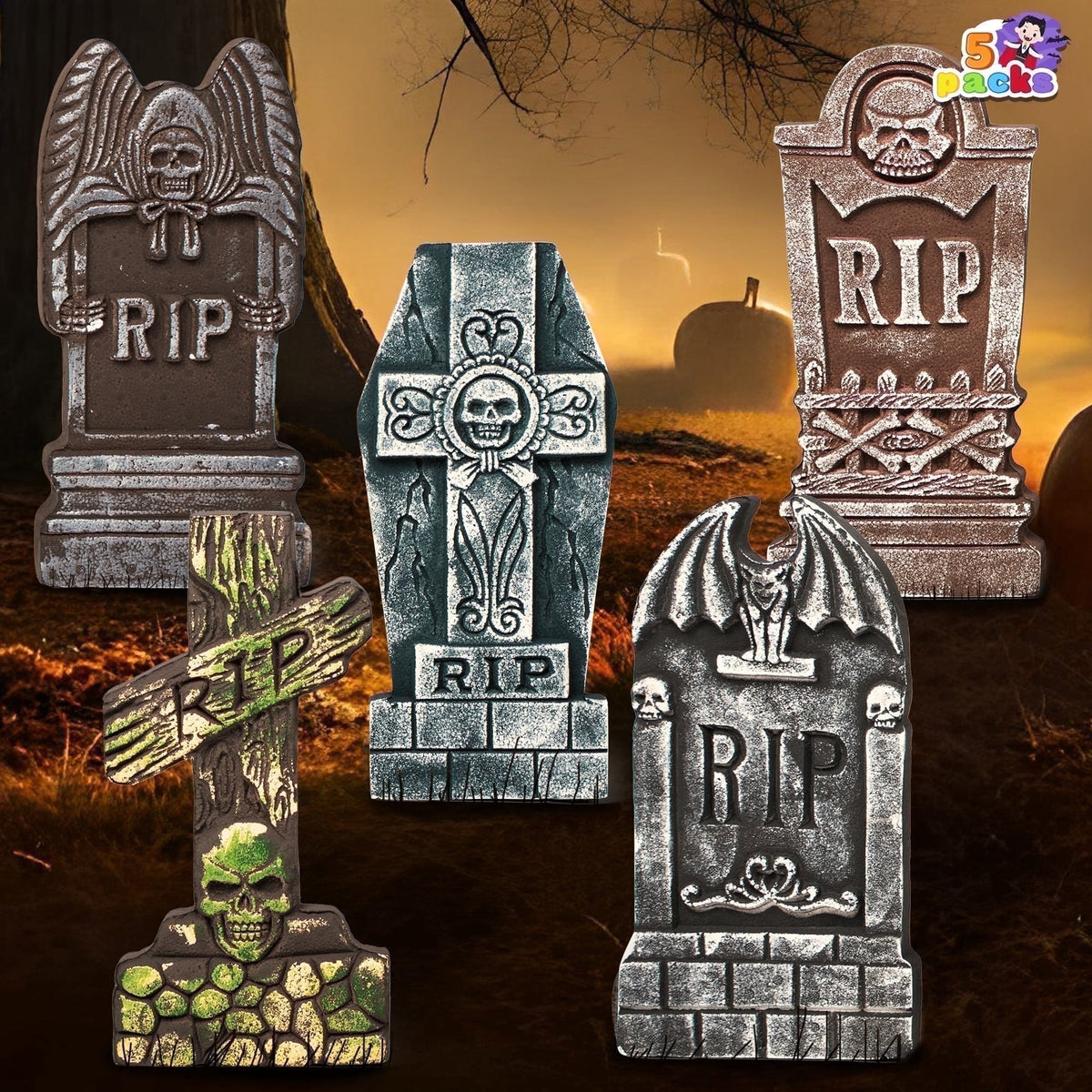 Haunt & Co 17" Halloween 5 Pack Tombstone Decorations, Foam RIP Graveyard Signs Cemetery Headstones Scary Outdoor Indoor with 12 Metal Stakes for Easy Set Up, Waterproof