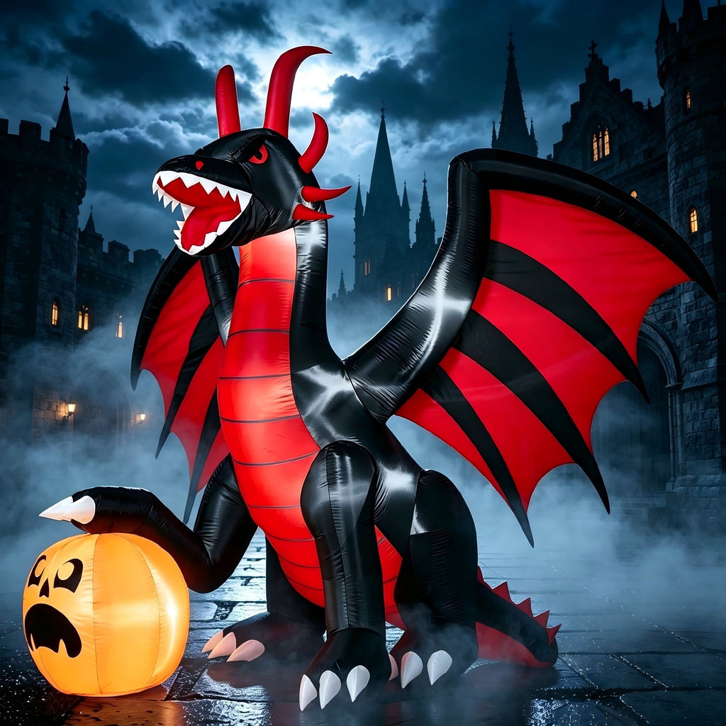 Haunt & Co 8 ft Halloween Inflatable Fire Dragon with Pumpkin,Animated Moving Mouth & Internal LED Lights, Outdoor Lawn Garden Indoor Porch Patio Spooky