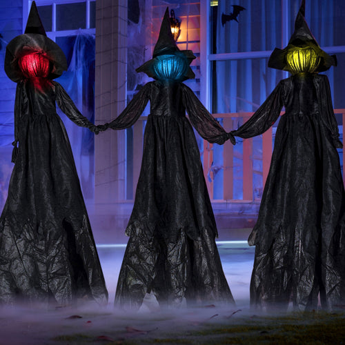 Haunt & Co 3 Pack Witches Outdoor, 51" Sound Activated Light Up Flying Witch Stakes with Color Changing Face & Creepy Sound, Life Size Halloween Props