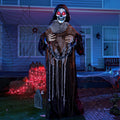Haunt & Co 67" Standing Grim Reaper with Chain, Large Outdoor, Life Size Animatronics Skelton, Sound-Actived Party Decor with Creepy Sound & LED Eyes, Scary Haunted House Props