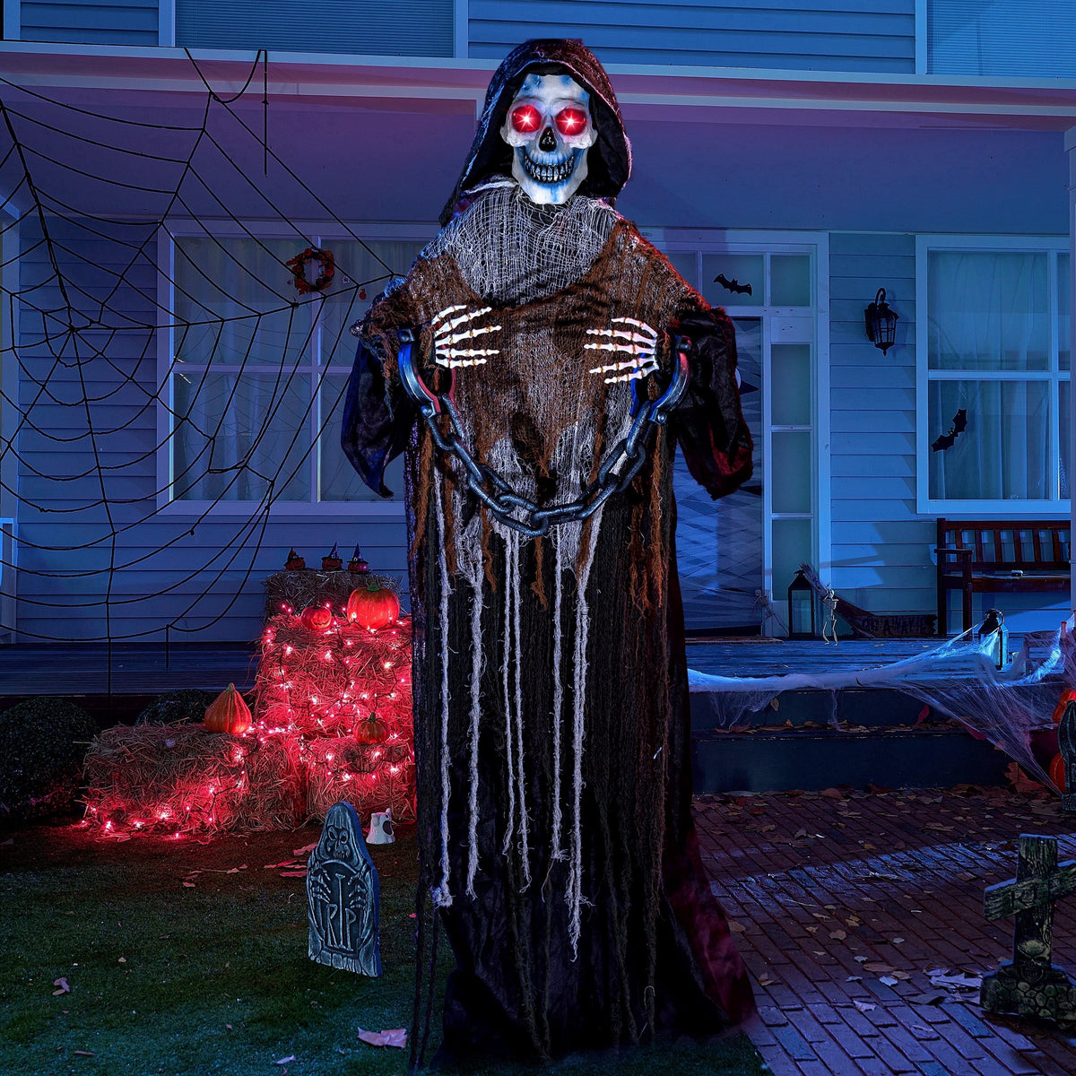 Haunt & Co 67" Standing Grim Reaper with Chain, Large Outdoor, Life Size Animatronics Skelton, Sound-Actived Party Decor with Creepy Sound & LED Eyes, Scary Haunted House Props