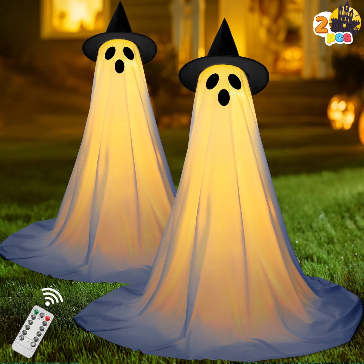 Haunt & Co 2 Packs Outdoor,Light Up Halloween Spooky Standing Ghost with Witch Hat,Scary Ghosts Decor with LED Lights
