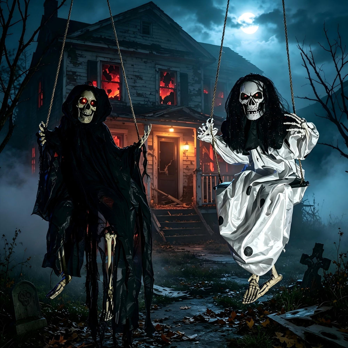 Haunt & Co 2 Packs Outdoor Hanging Swinging Skeleton Ghosts,3 ft Light Up Creepy Grim Reaper Decorations for Halloween Hanging Decorations Indoor Outdoor Yard