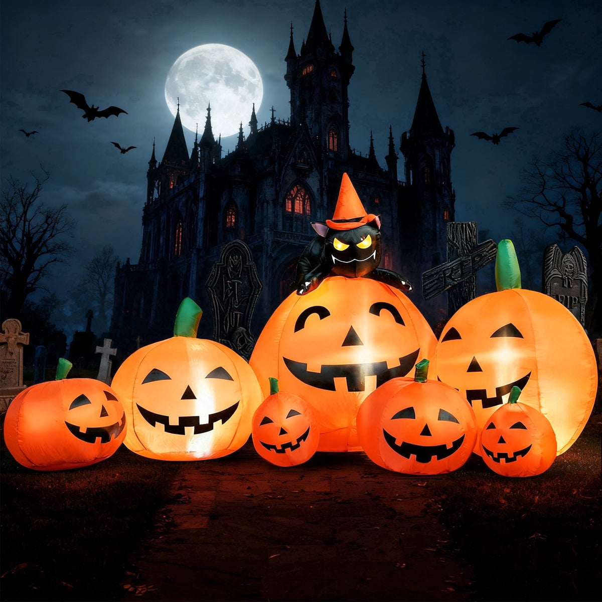 Haunt & Co 7 ft Halloween Inflatable Long Pumpkin with Witch's Cat Decorations Inflatables with Build-in LEDs, Outdoor Blow Up Yard Decorations